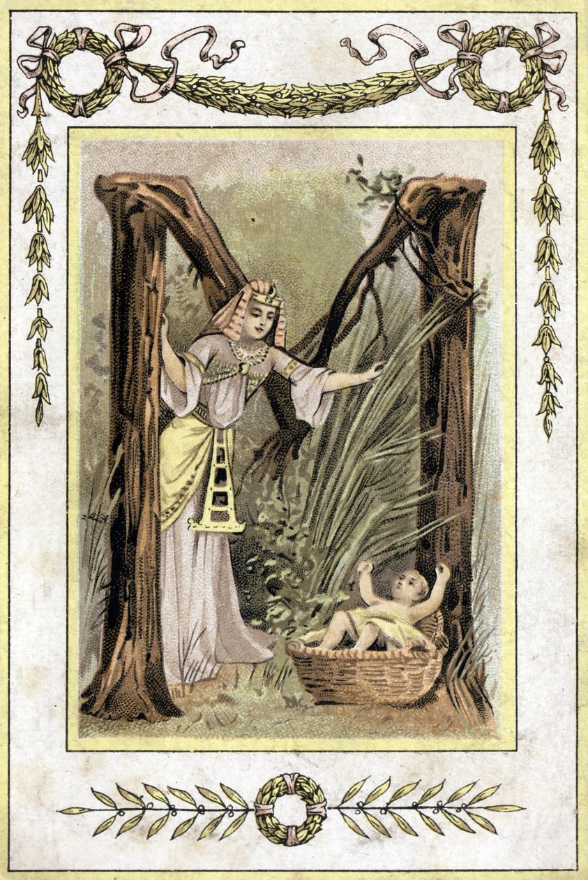 Brev, der repræsenterer en egyptisk mor, der finder et forladt barn (Moses sparer vand), slutningen af det 19. århundrede (kromolitografi) af French School