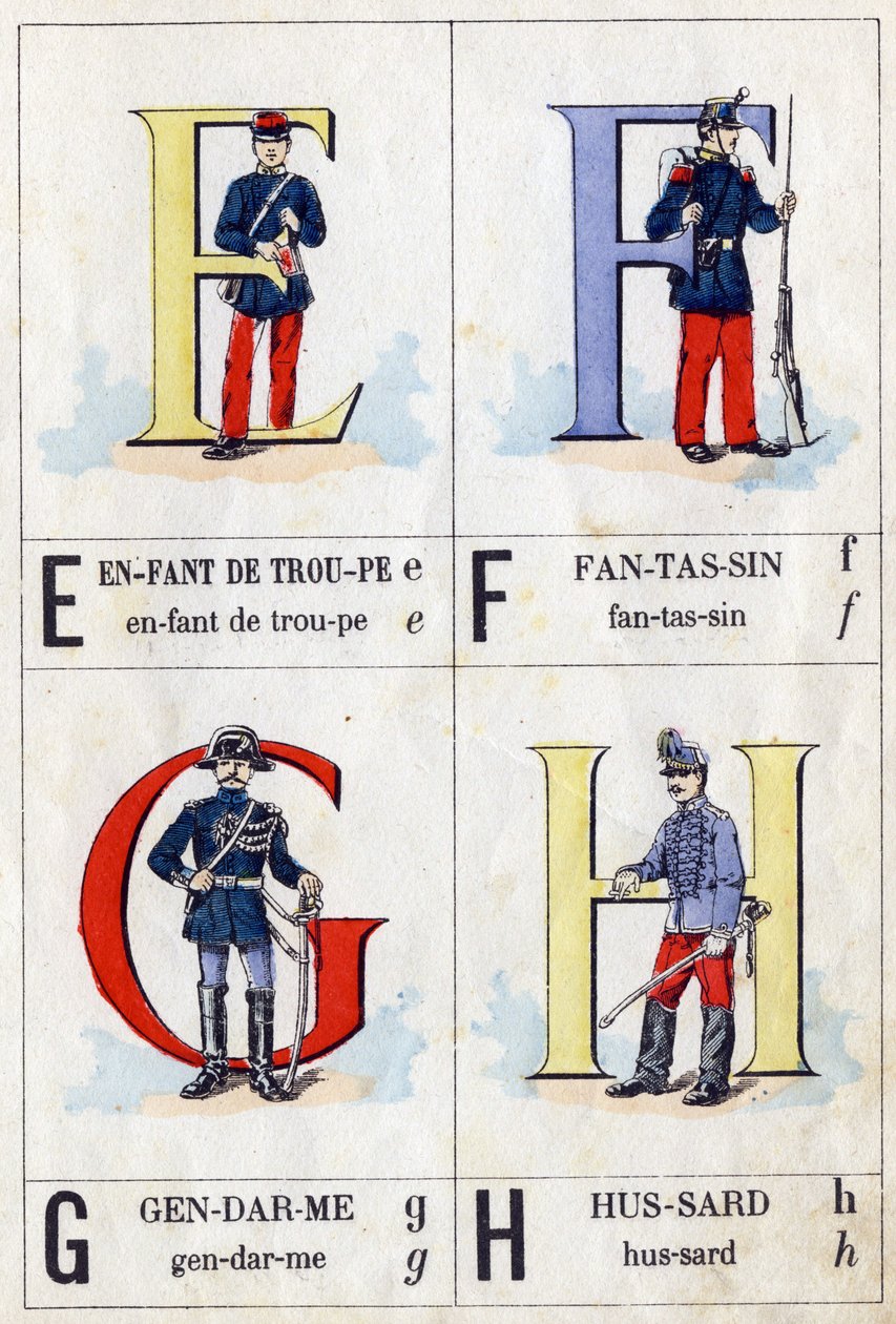 Bogstaverne E som tropsbarn, F som infanterist, G som fodmand og H som hussard. ABC militær. Billeddannelse af Epinal af French School