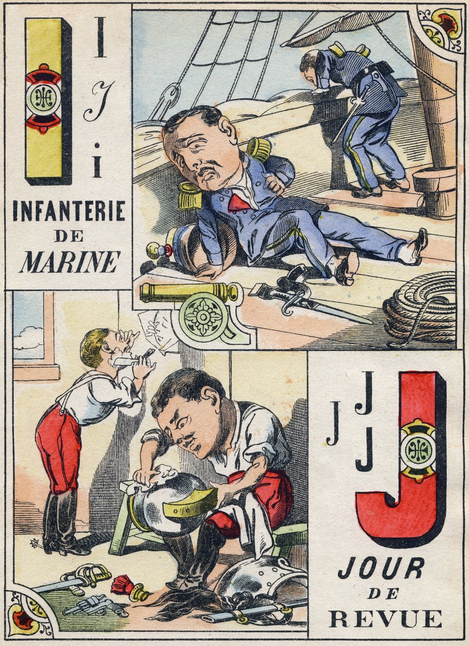 Bogstaver I og J: Marineinfanteriet og Revisionsdagen. Indgravering i "Comic Military Alphabet". Femte serie. Epinal billeddannelse. Pellerin og Cie, Printers, Epinal, slutningen af det 19. århundrede. 16 sider. Mål: 25x18,5 cm af French School