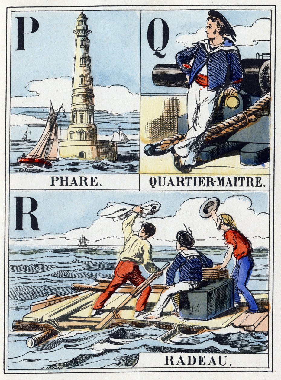 Bogstaverne P som fyrtårn, bogstaverne Q som Quartier Maitre, bogstaverne R som Raft. Navy abecedary på 16 sider indeholdende et alfabet med store bogstaver. Epinal billede, slutningen af det 19. århundrede. Stencilerede trægraveringer Mål: 21x14,5cm af French School