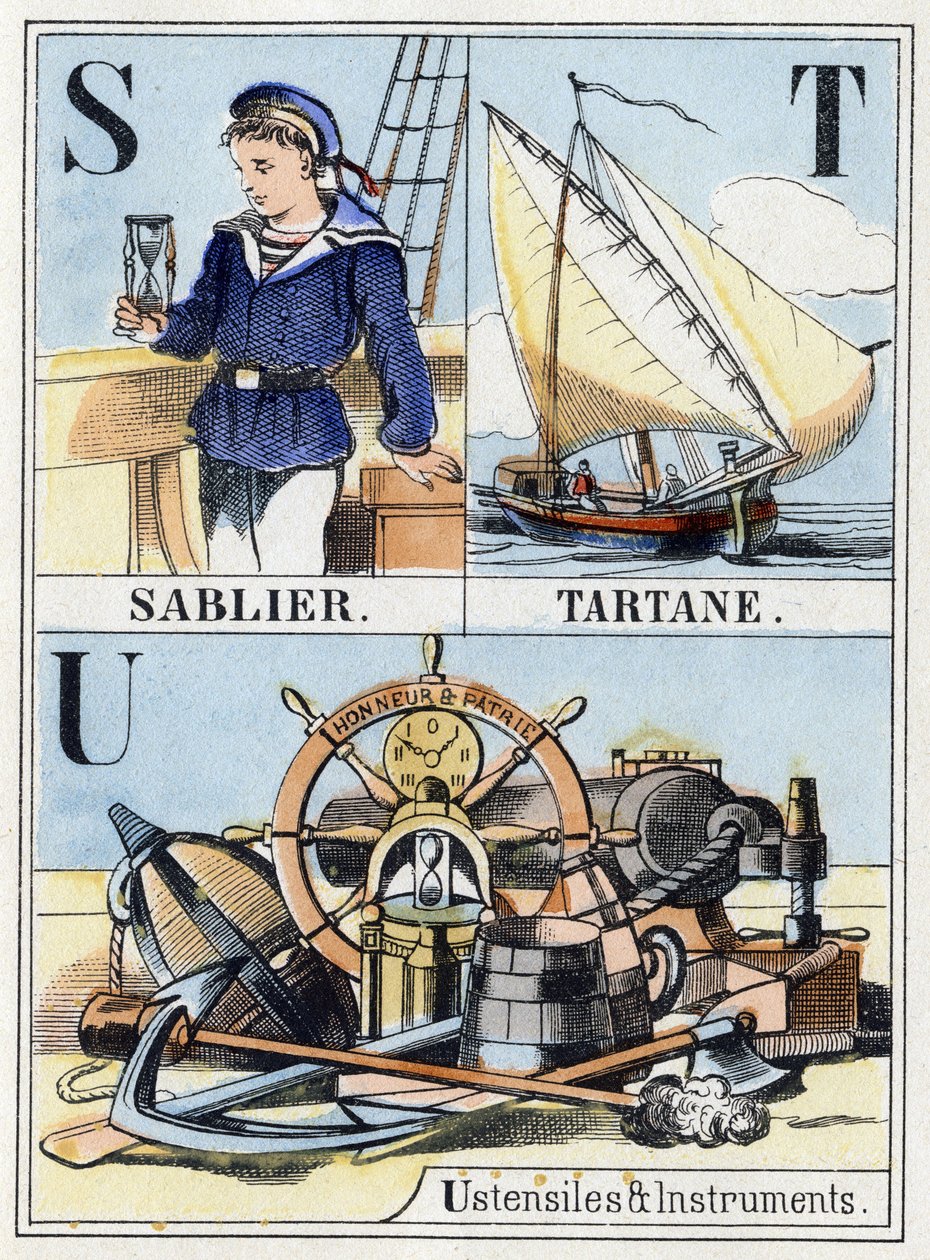Bogstaverne S som timeglas, bogstaverne T som tartan, bogstaverne U som redskaber og instrumenter. Navy abecedary på 16 sider indeholdende et alfabet med store bogstaver. Epinal billede, slutningen af det 19. århundrede. Stencilerede trægraveringer Mål: 21 af French School