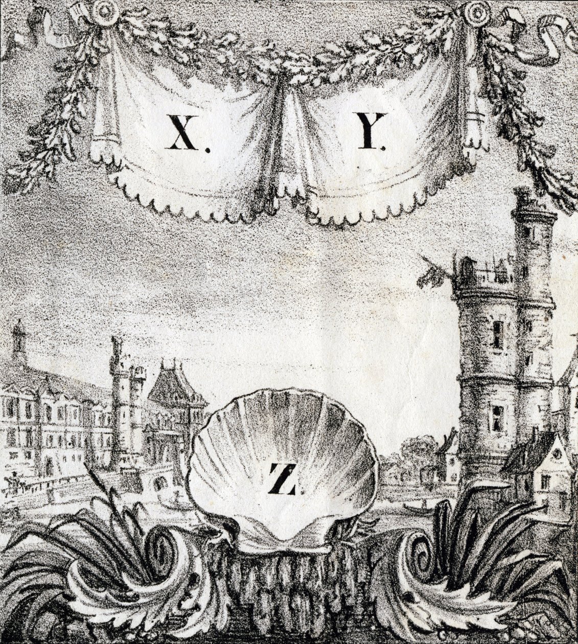Bogstaverne X, Y og Z: Paris i 1500 - "Alphabet Picturesque des Monumens de Paris" ca. 1840 (kobberstik) af French School