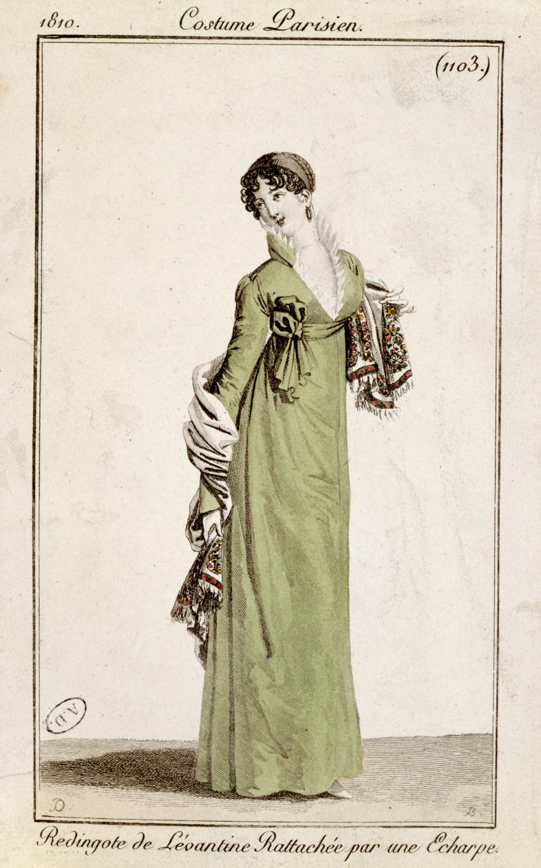 Levantinsk frakke fastgjort af et tørklæde, modetallerken fra Costume Parisien, 1810 af French School