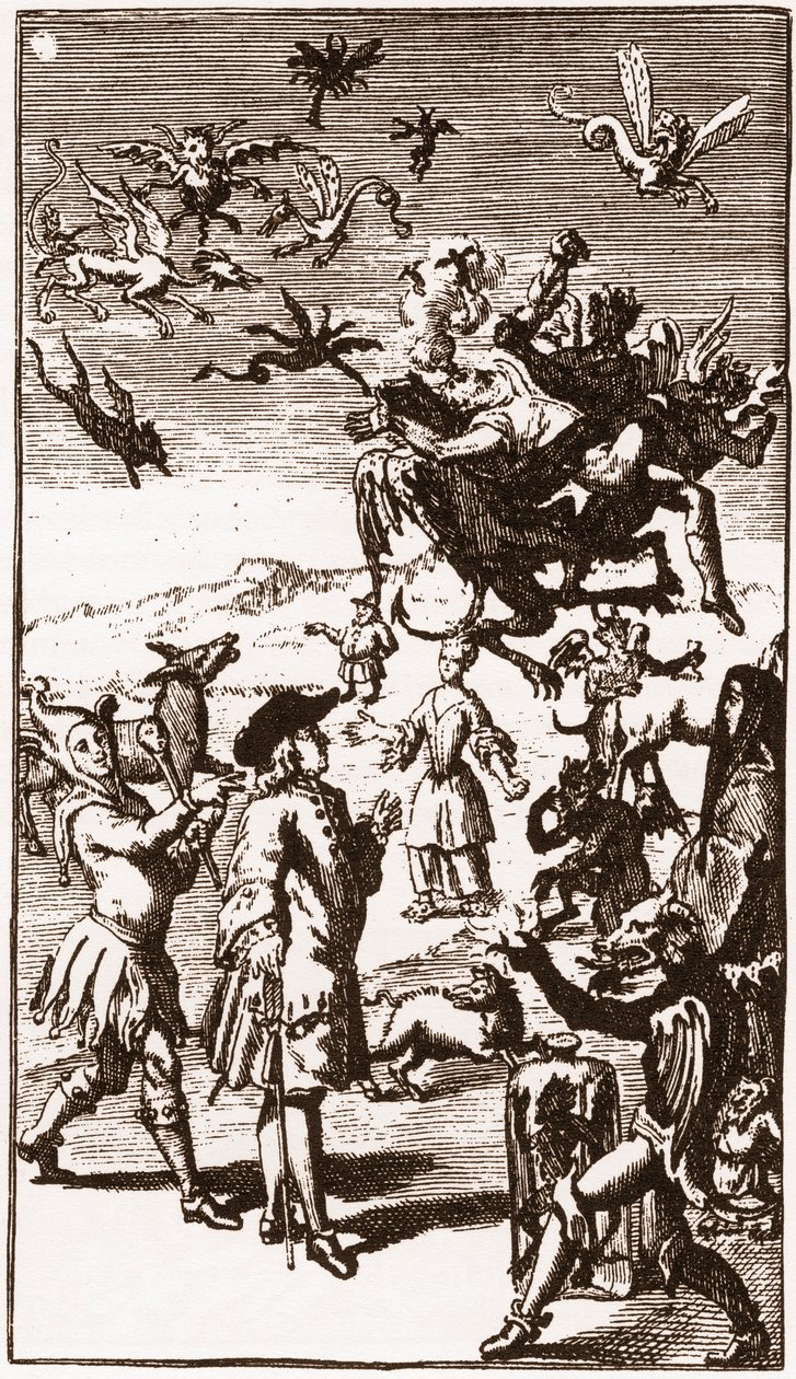 Fremkaldelsen af ​​dæmoner, indgravering fra 1710 i "Historien om Monsieur Oufles ekstravagante fantasi" af Laurent Bordelon (1653-1730) af French School