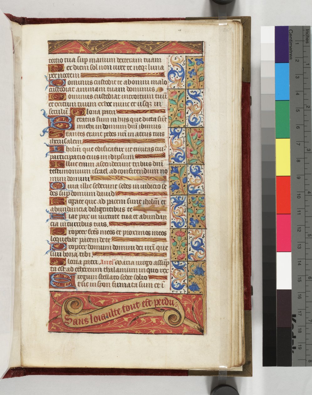Lewis E 113 f.20r Dekoreret tekstside med mottoet Without Loyalty all is Lost, 1500-15 af French School