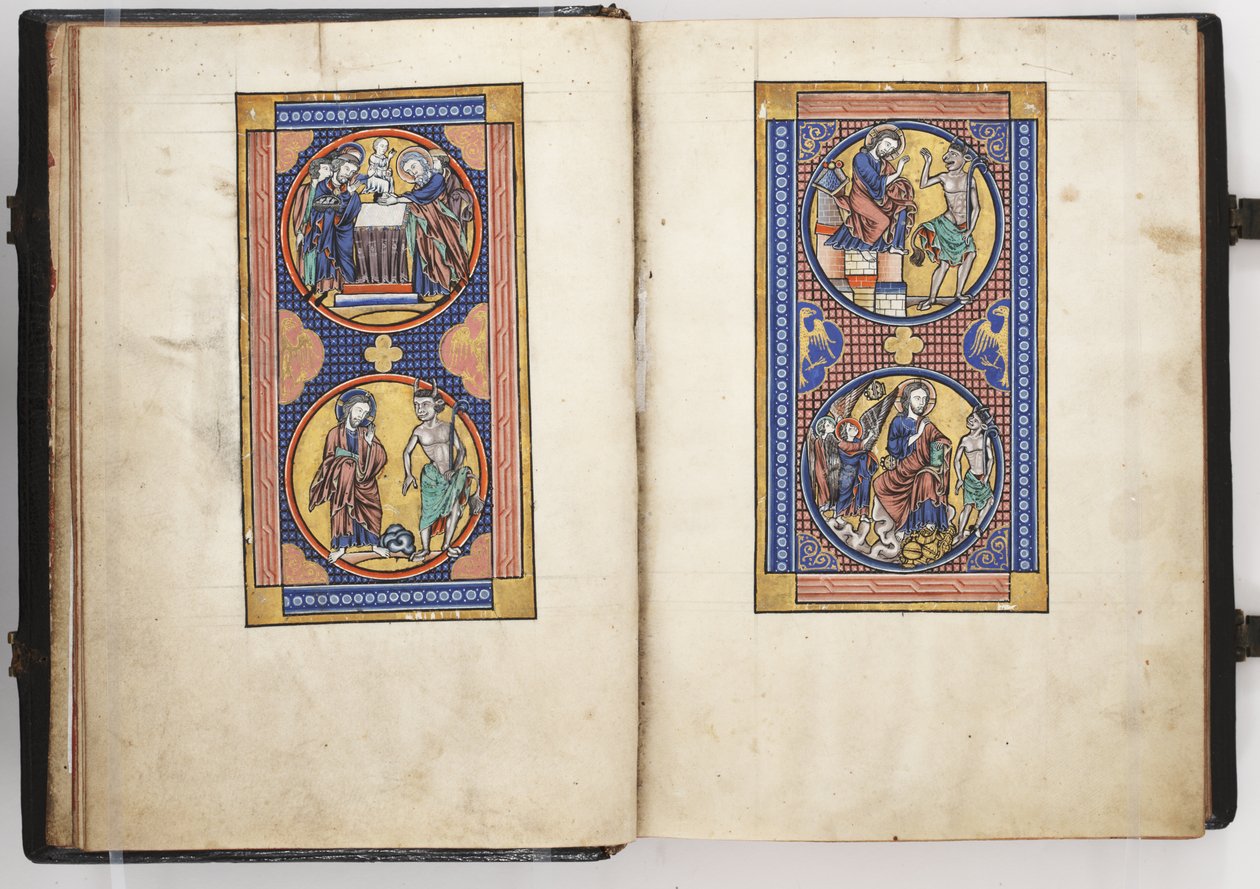 Lewis Psalter ff.8v-9r, Presentation in the Temple, and the Three Temptations of Christ, ca. 1225-40 (tempera & guld på vellum) af French School