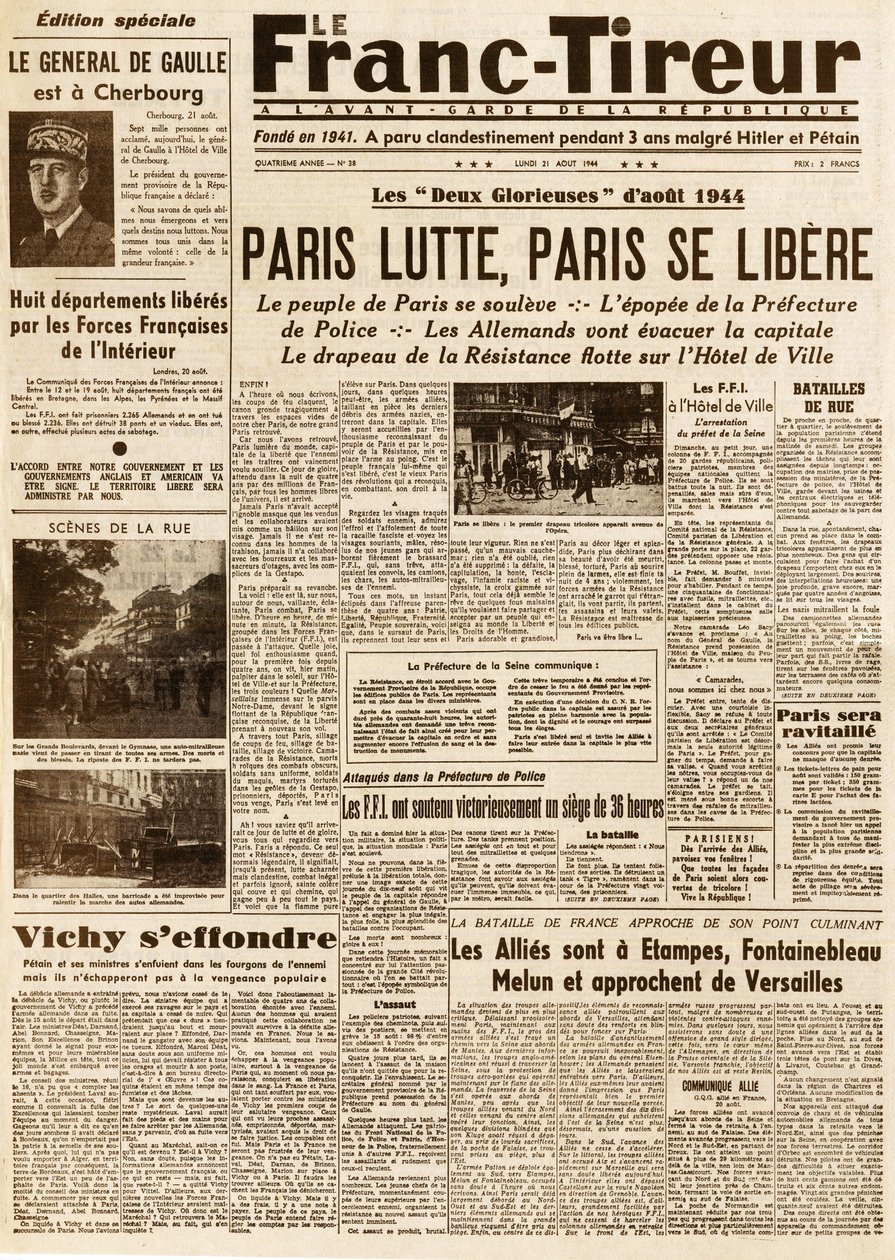 Liberation of Paris - FRANC TIROUR nummer 38 af 21. august 1944 - Paris-kampe, paris ce libere af French School