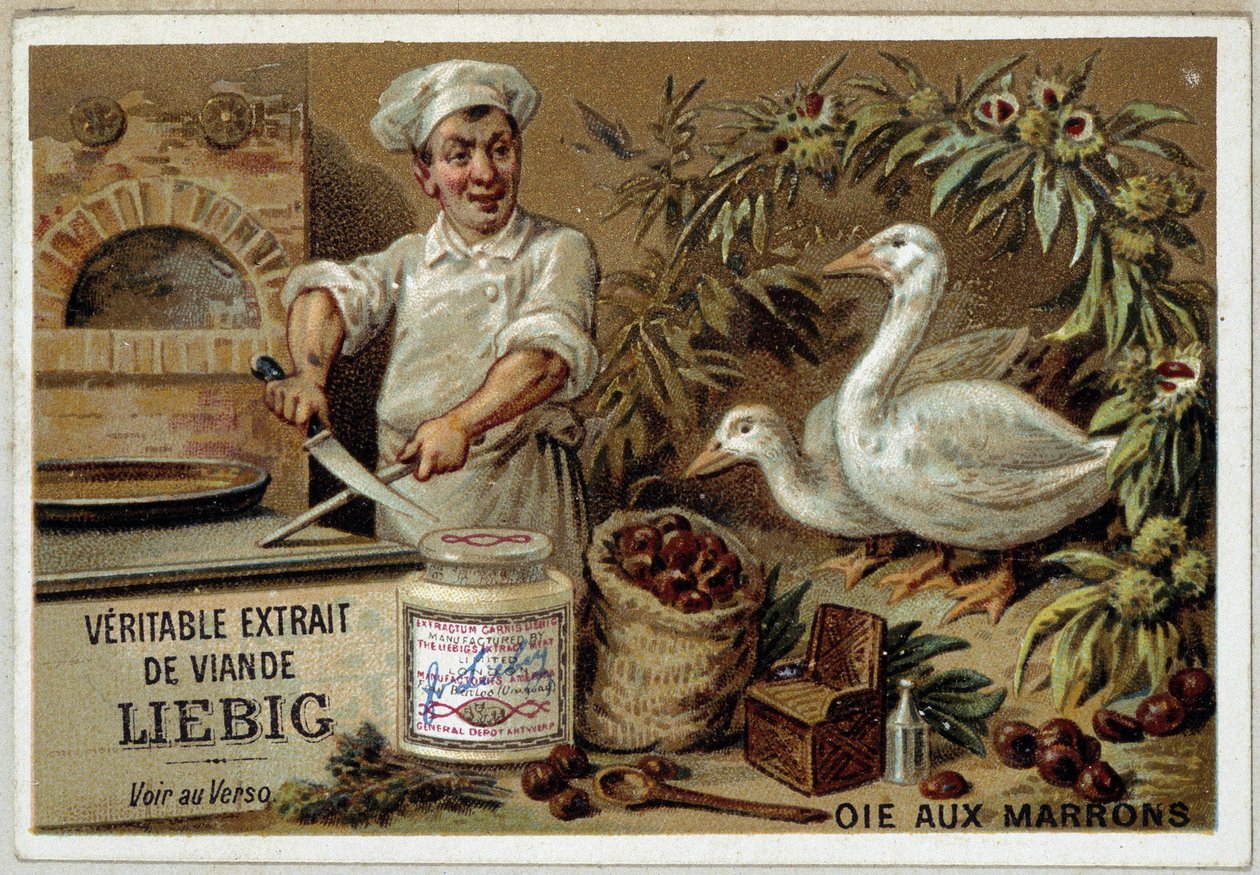 Liébig opskrifter: gås med kastanjer - chromo. Liébig af French School