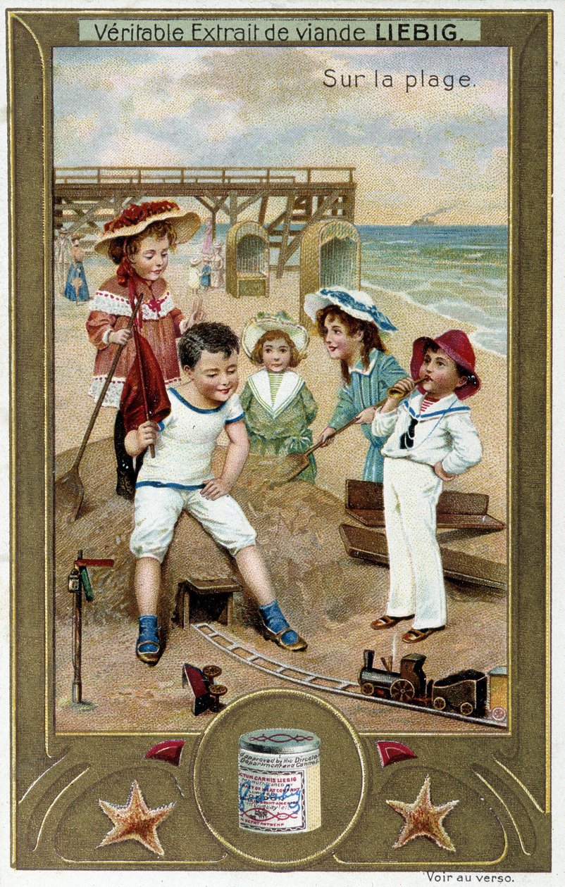 Liebig kromolitografiserie "" Beach Game"" af børn. sd. 19. århundrede af French School