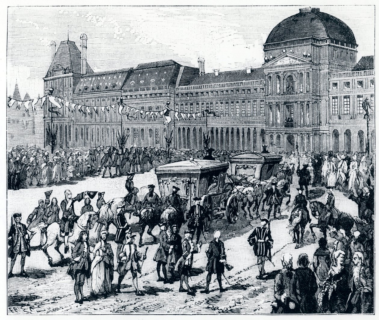 Livet under Ludvig XV: kongen ankommer til Palais des Tuileries, hvor dronningen og delfinen venter på ham - i "Paris gennem århundrederne" af Genouillac af French School