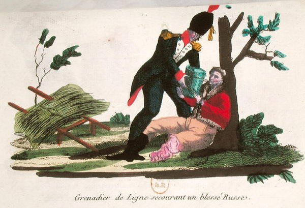 Linjegrenadier hjælper en såret russisk soldat (farvet indgravering) af French School