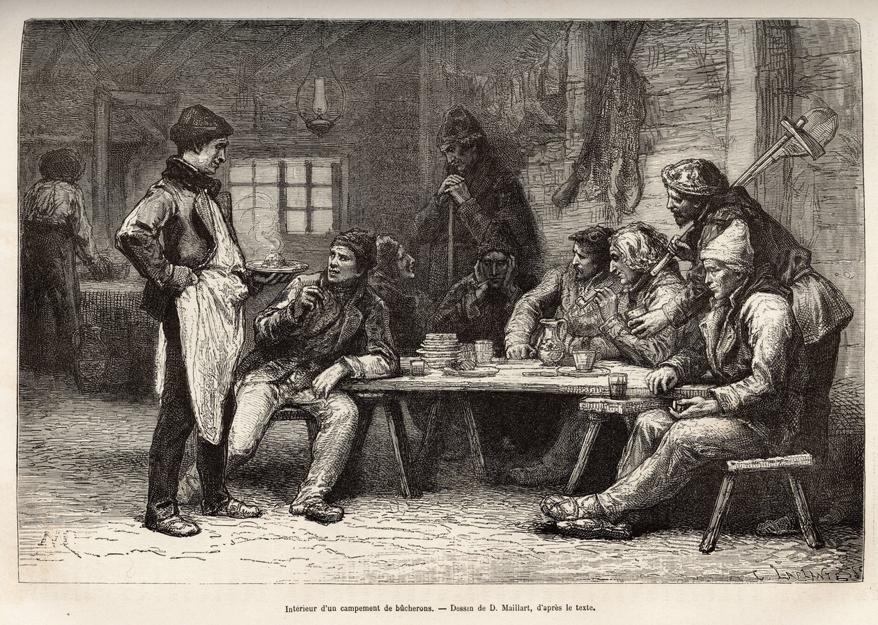 Det indre af en woodcheron-lejr i Ontario, gravering efter en tegning af D. Maillard, illustrerende udflugten til Canada og til Northern Red River, af H. De Lamotte, i 1873, udgivet i "" Le world tour""" 1875 , redigeret af Edouard af French School