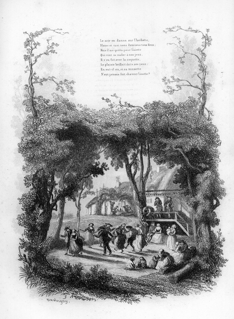 Lisette sang. Fest og dans i en landsby på landet. Indgravering i "" Chants et chansons populaire de la France", Tome 2 af French School