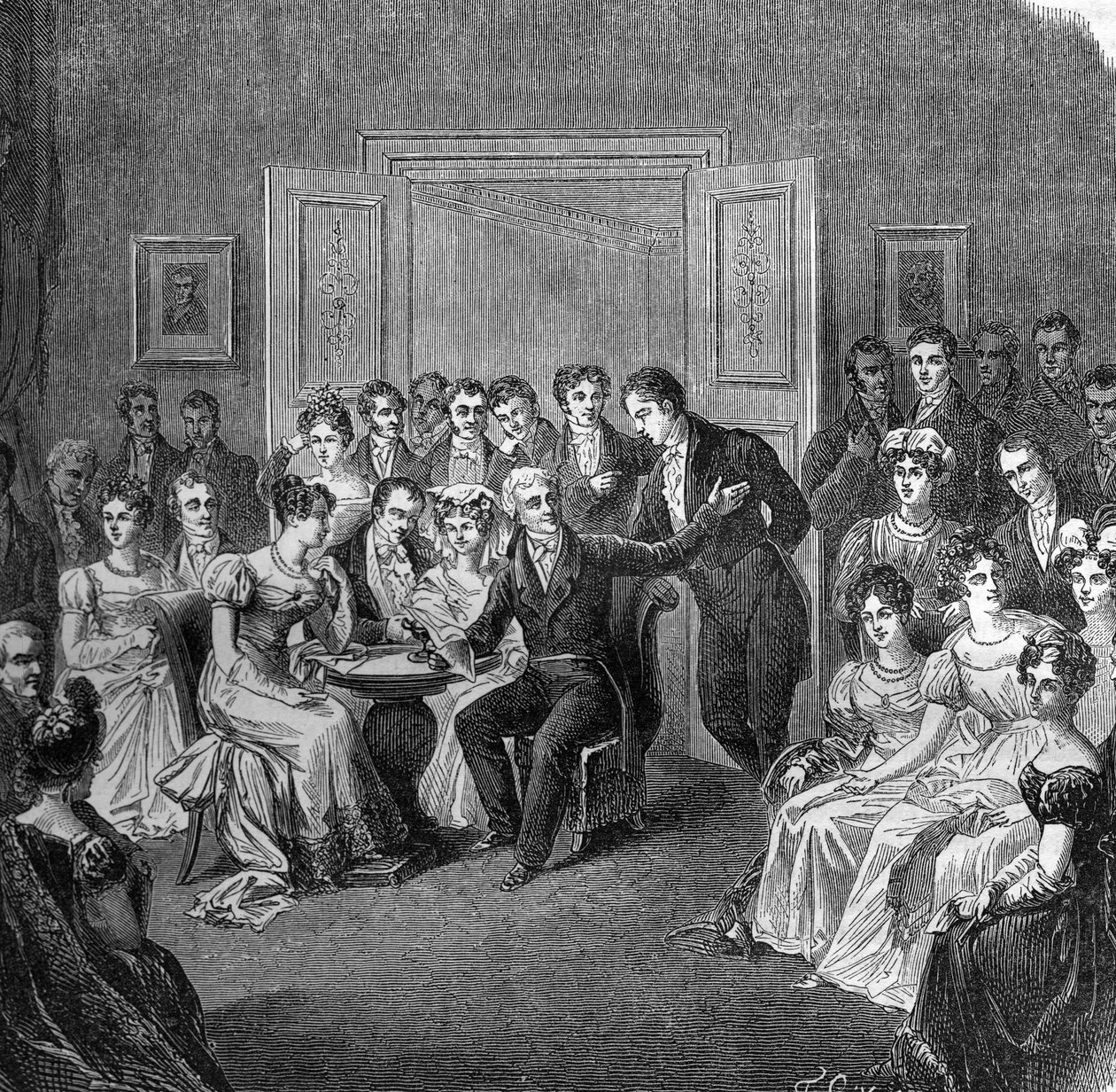 Litterær Salon i det 19. århundrede: Francois Auguste Parceval de Grandmaison (Parceval Grandmaison, Parceval-Grandmaison) (1759-1834) læser vers fra sit digt af "Philippe Auguste" i en lounge på det gamle hotel i Larochefoucauld i 1824. Gravering fra af French School