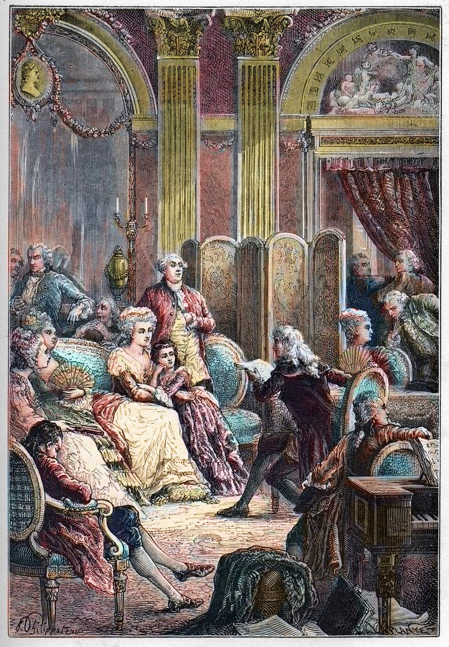 Litterær Salon - Læsning af "" Paul og Virginie"" af Jacques-Henri Bernardin fra Saint-Pierre (Saint Pierre) i Madame Neckers saloner i Paris - sammen med Mme Necker hendes mand Jacques Necker og hendes datter Germaine, senere Mme de Stael - Foredrag af French School