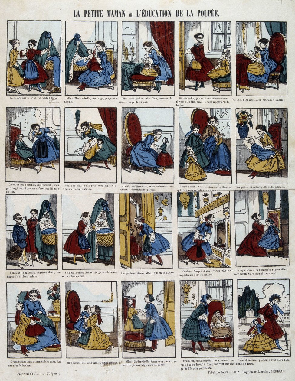 Lille mor "" Dukkens uddannelse". Billede af Epinal, sd. 19. århundrede. af French School