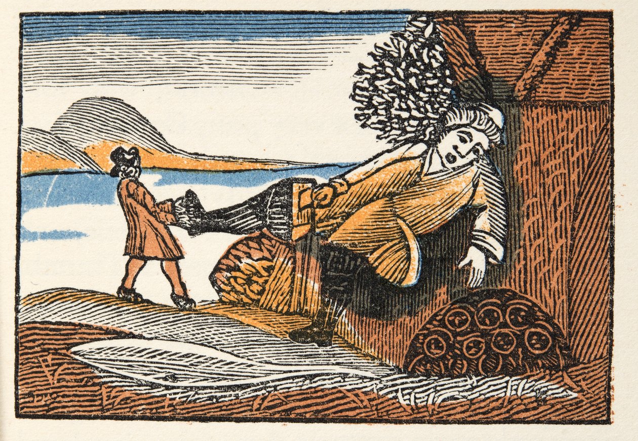 Lille tommelfinger fra Historier eller fortællinger fra tidligere tider, fortalt af gåsemor, med morale, af M. Perrault, udg. 1925 (håndkoloreret træsnit) af French School
