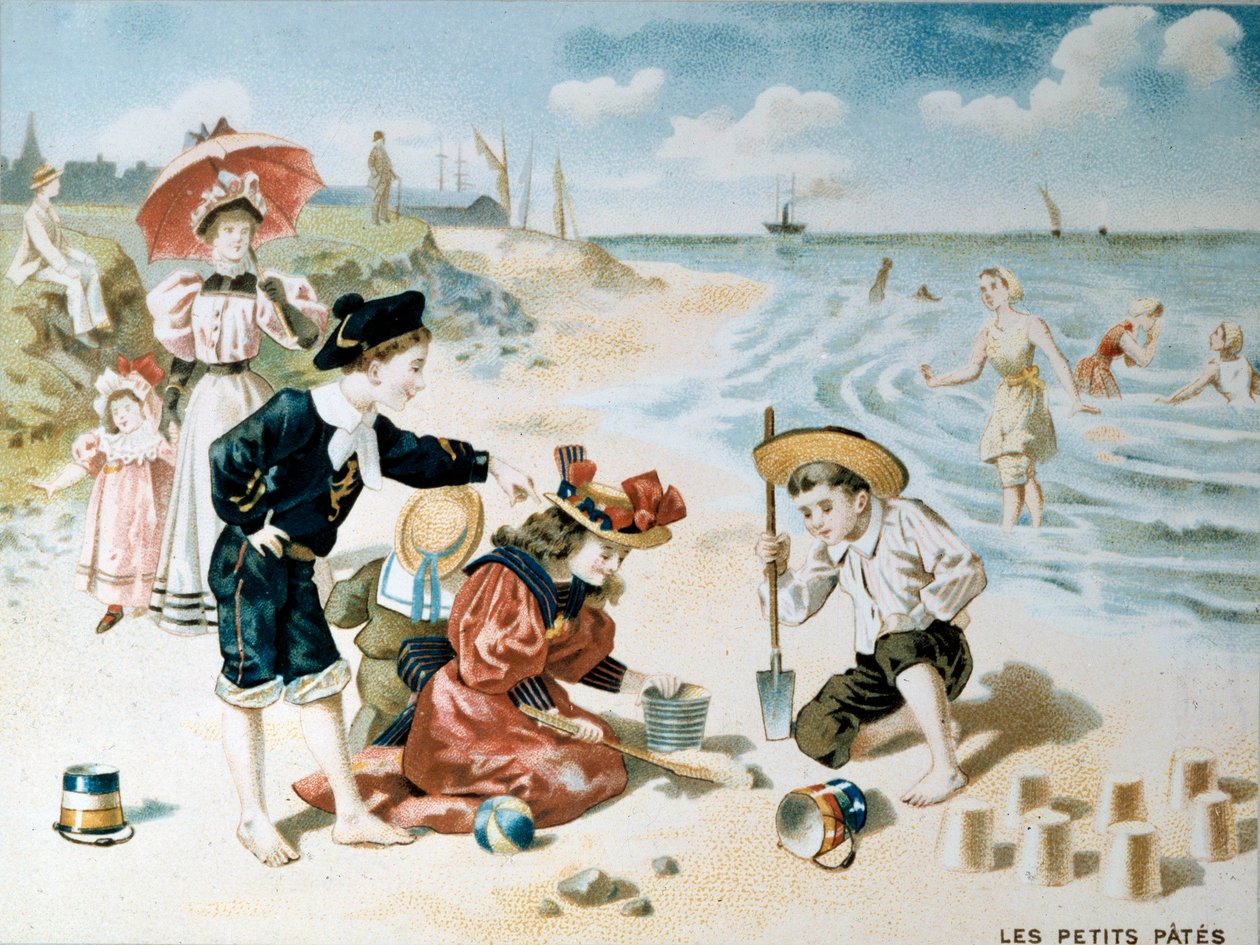 Lille pasta: børn leger på stranden med sand. Illustration fra begyndelsen af det 20. århundrede (chromolitho) af French School