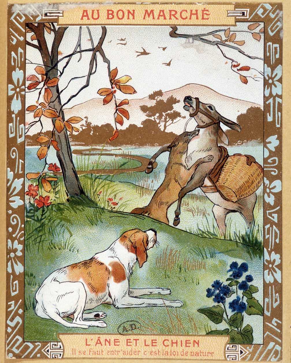 Æslet og hunden, fabel af La Fontaine - Bon Marché-reklametiket af French School