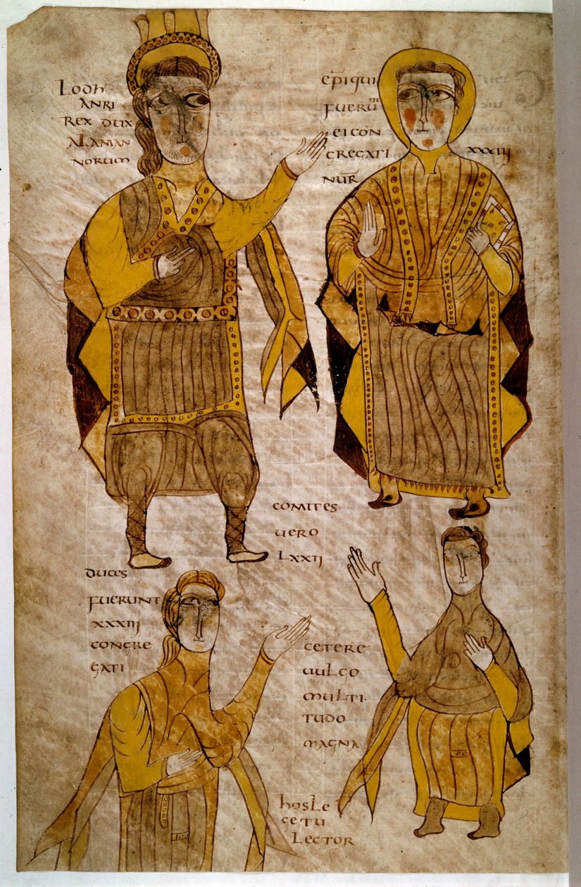 Lodhanri konge af Alamanerne (eller Alemaner: germansk stamme) omgiver en eveque, en hertug og en greve. Manuskript ""Breviary of Alaric and other legal texts"" (folio 197v), Frankrig, Vallee de la Loire (?), 803-814. Paris, B N af French School