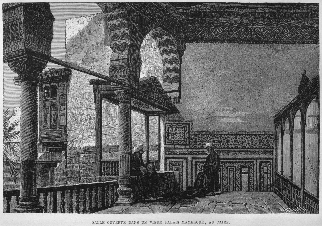 Loggia af Memlook Radnau Beys hus, Kairo, fra LEgypte af Georg Moritz Ebers (1837-98), 1881 (bw gravering) af French School