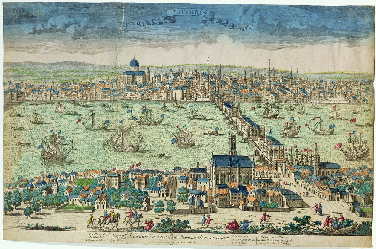 "London, hovedstad i kongeriget England", fransk, ca. 1700 (håndkoloreret træsnit) af French School