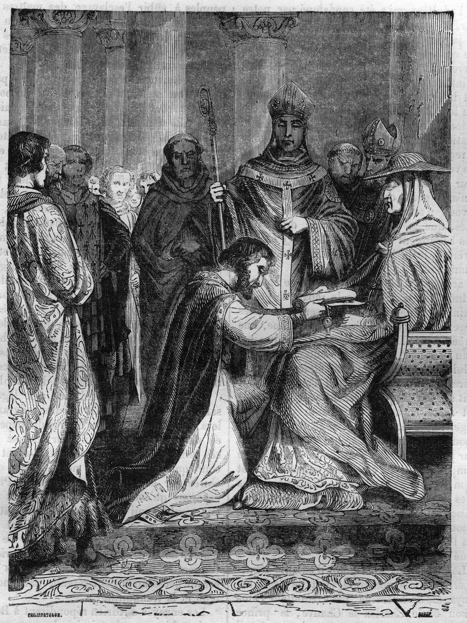 Lotharia I (795-855) ved fødderne af pave Adrian II (792-872). Indgravering i "Historien om paver-konger-dronninger og kejsere gennem århundrederne"" af Maurice Lachatre af French School