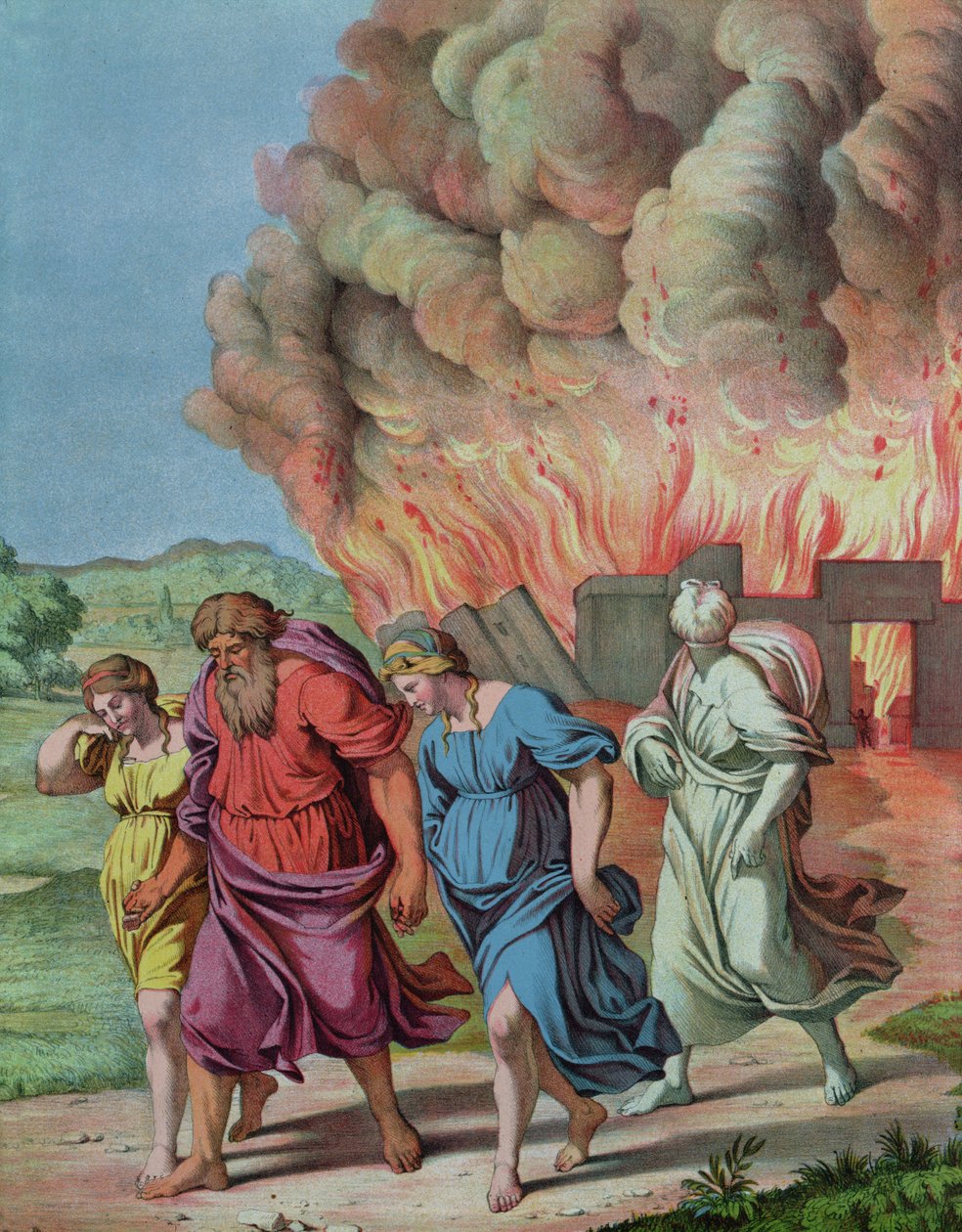 Lots kone ser tilbage på Sodoma og bliver forvandlet til en saltsøjle, illustration til en katekismus af French School