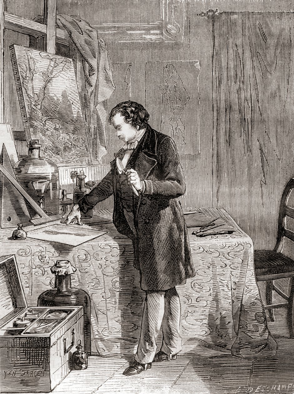 Louis-Jacques-Mandé Daguerre opfinder den fotografiske proces daguerreotypi i det 19. århundrede, fra Les Merveilles de la Science, udgivet ca. 1870 (gravering) af French School