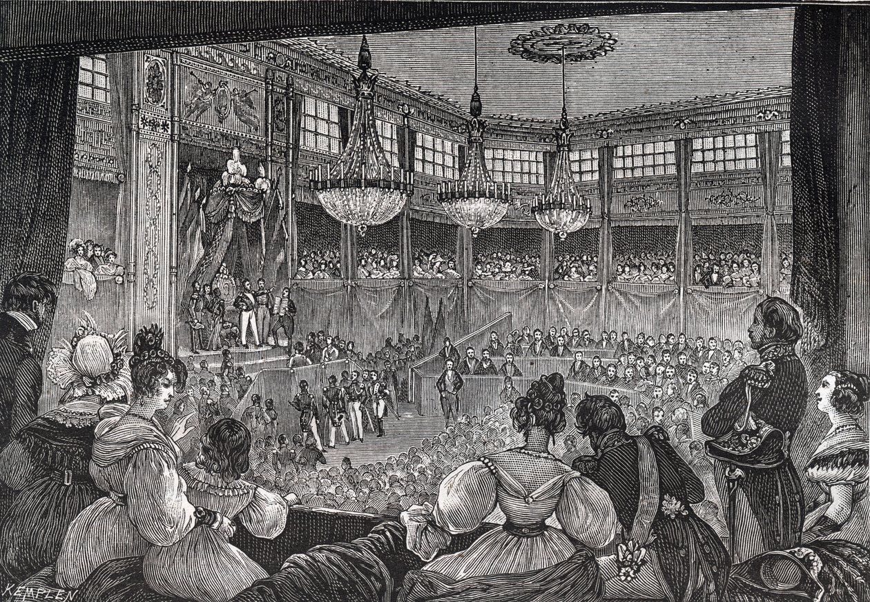 Louis-Philippe I bliver taget i ed som konge for Deputeretkammeret, 9. august 1830 - Revolutionen i 1830: "" Kong Louis Philippe I (1773-1850) svor at opretholde charteret af 1830 i nærværelse af de kamre, der blev genforenet i foreløbig hal af Pa af French School