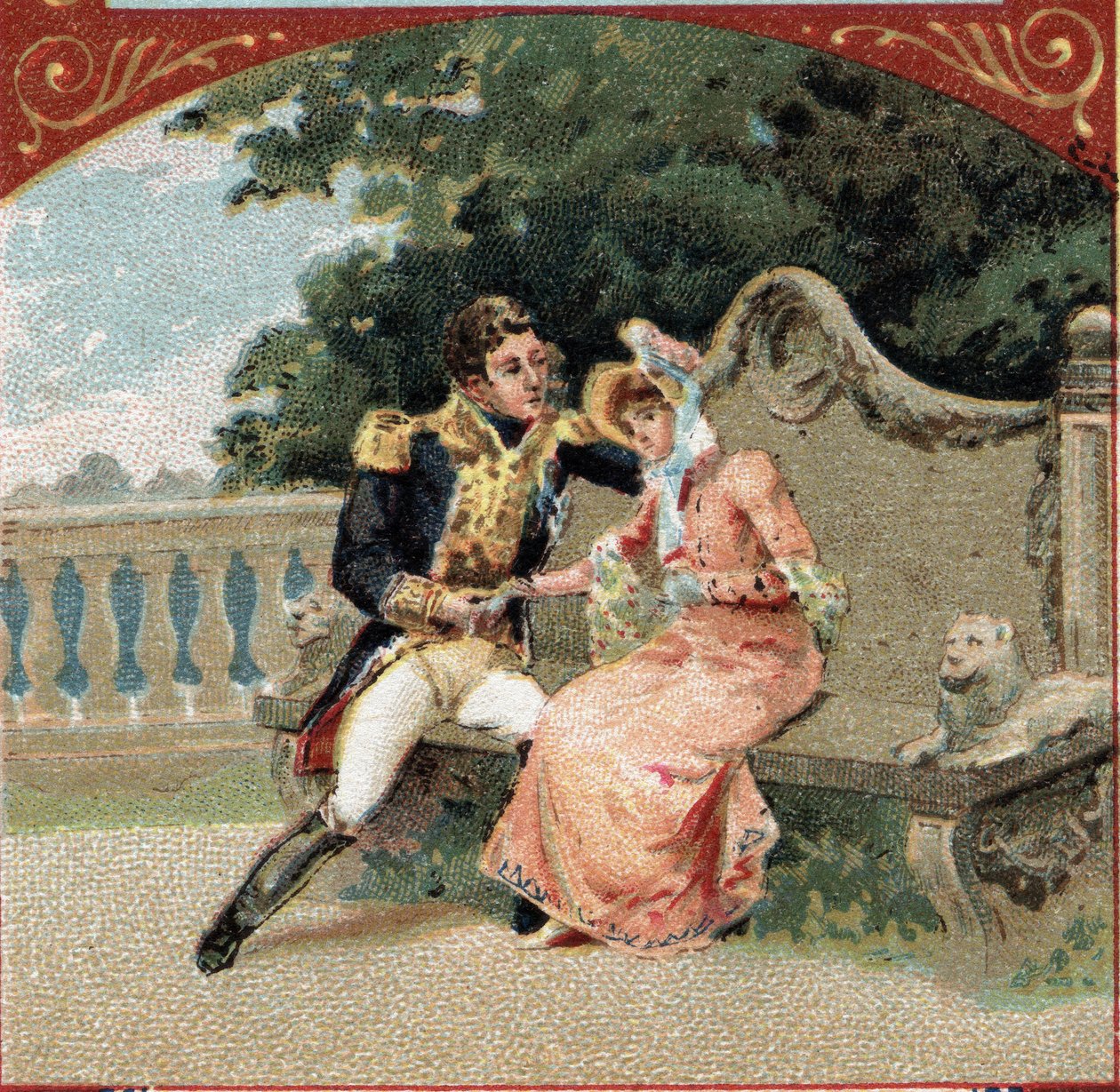 Louis Alexandre (Louis-Alexandre) Berthier (1753-1815), Prins af Wagram, med Madame Visconti, hans elskerinde, på Chateau de Grosbois. Kromolitografi i slutningen af det 19. århundrede af French School