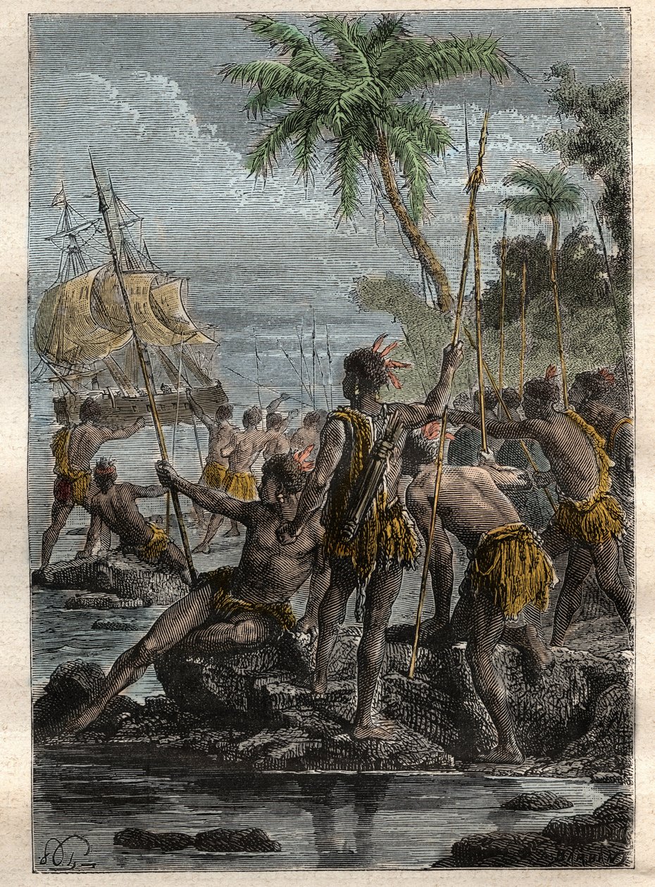 Louis Antoine, greve af Bougainville (1729-1811) ankom til Ile des Lancies (Fransk Polynesien) i 1768 - illustration taget fra "The Grands Mariners of the 18th century" af French School