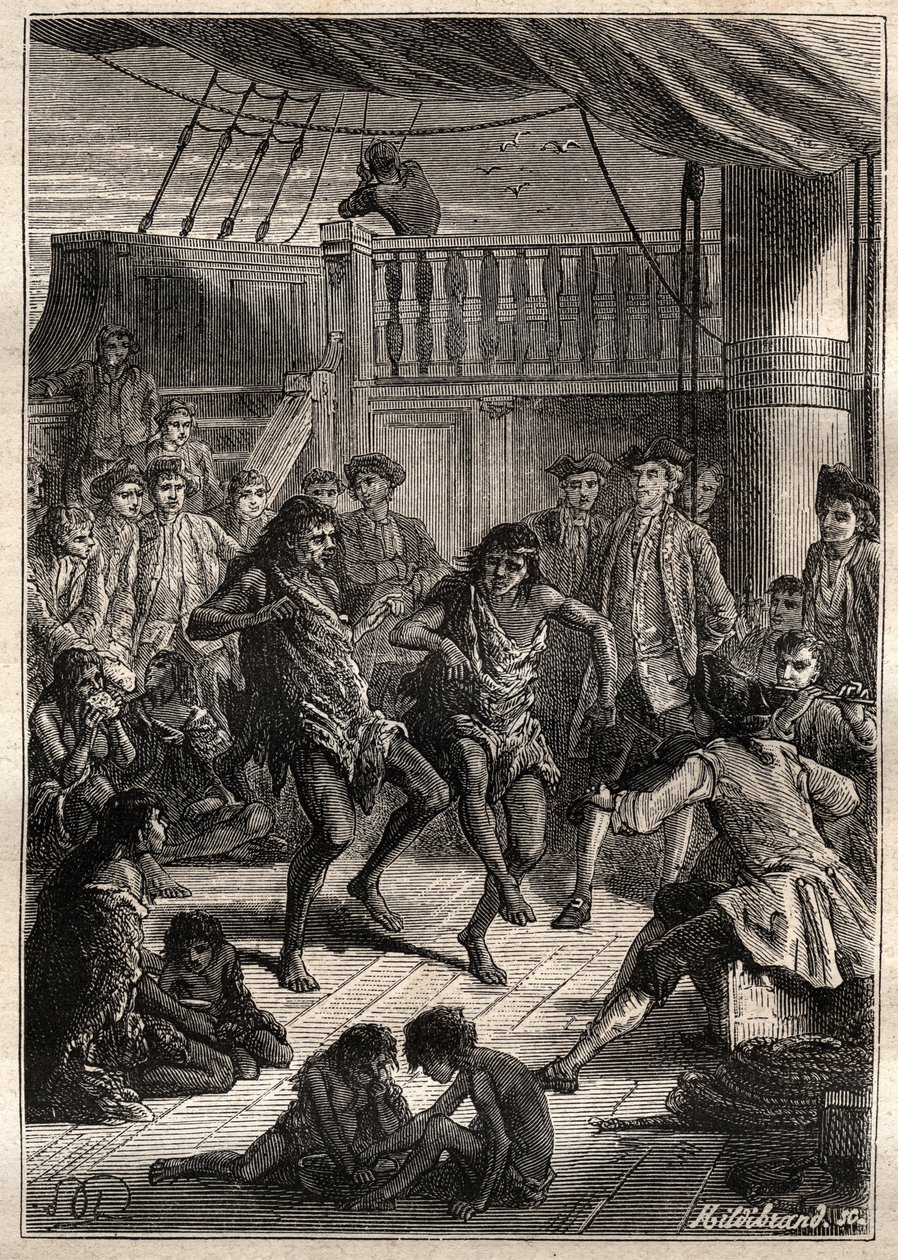 Louis Antoine, greve af Bougainville (1729-1811) modtog indbyggerne i Bay Fortescue (Detroit of Magellan) i sin båd "" La Boudeuse""" i 1768 - illustration fra "The Great Mariners of the 18th century" af French School