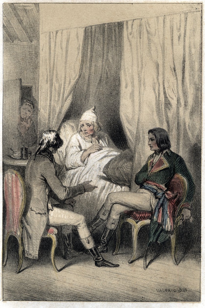 Louis Antoine Fauvelet de Bourienne (1769-1834), fransk diplomat og administrator, og general Napoleon Bonaparte (1769-1821) bad en syg gammel kapitalist om penge til det italienske felttog. Tallerken taget fra "" Scenes de la vie des hommes famous""" grav af French School