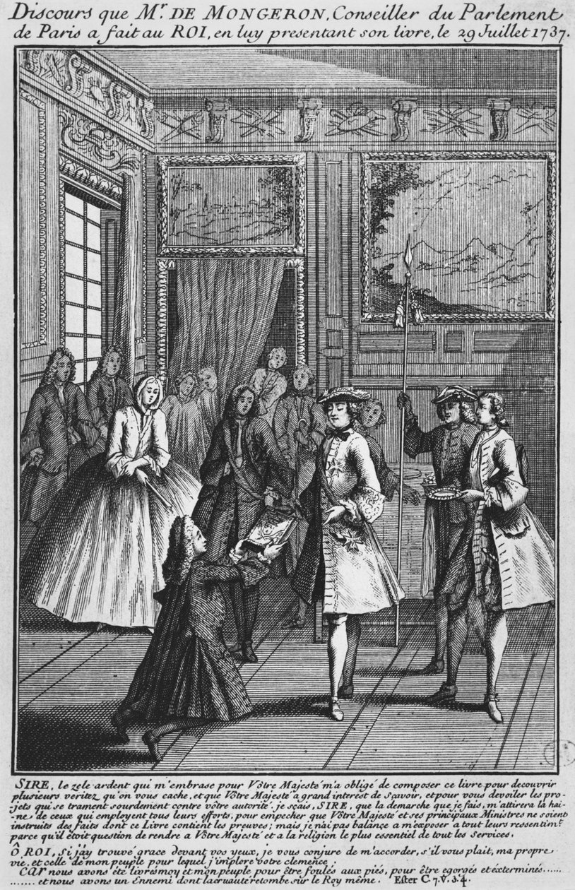 Louis Basile Carre de Montgeron tilbyder sin bog om diakon Francois de Paris og konvulsionærerne i Saint-Medard til kong Louis XV, 1737 af French School