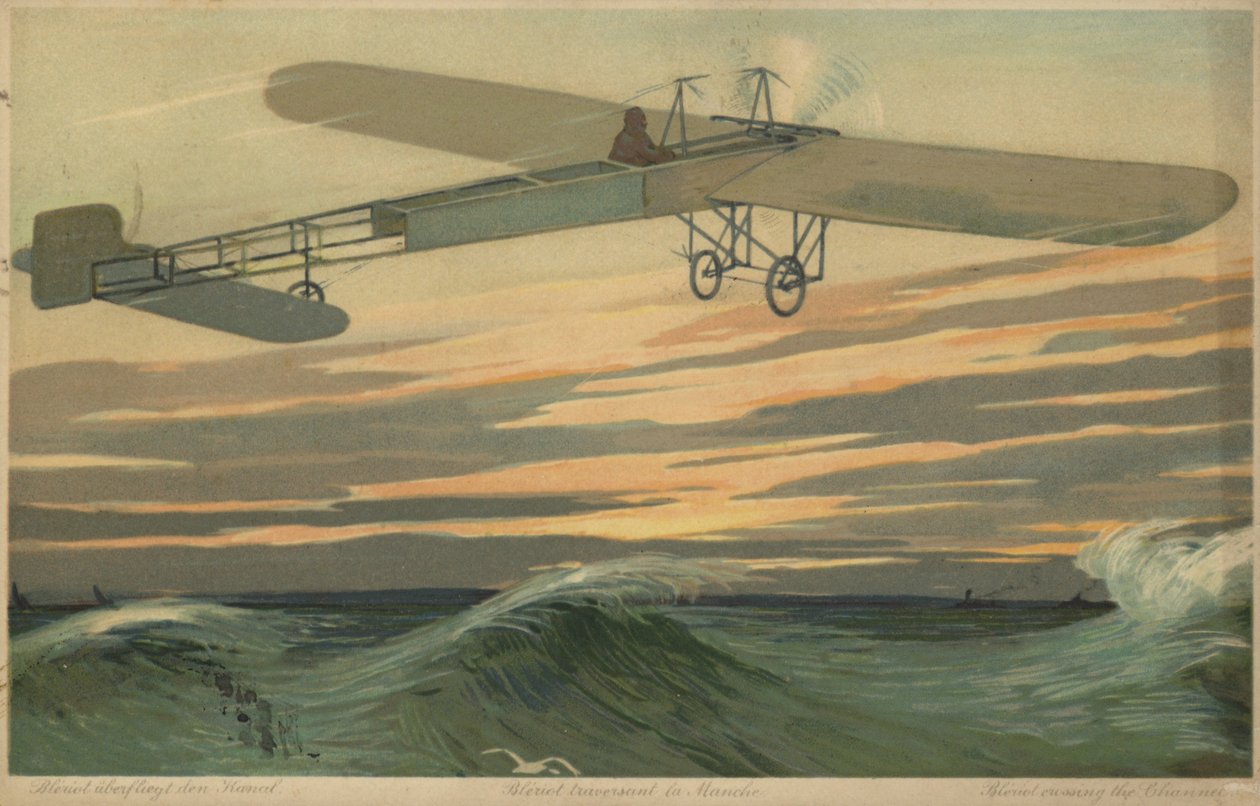 Louis Bleriot foretager den første flyvning over Den Engelske Kanal i et fly, der er tungere end luft, 25. juli 1909 (farvelitografi) af French School