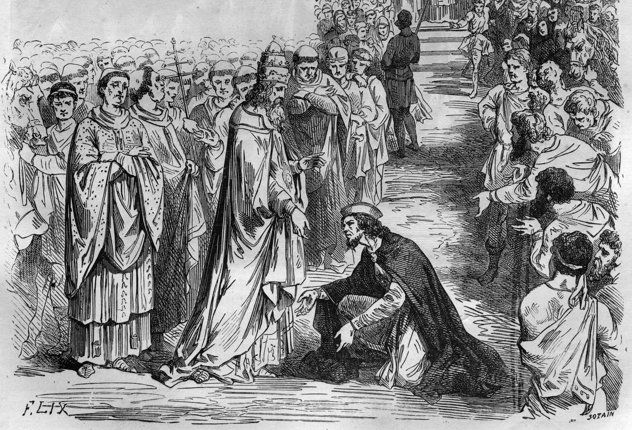 Louis I Den fromme eller Debonnaire (778-840) ved knæene af pave Stephen V (Stefano, pave fra 896 til 897). Indgravering i "Histoire des Papes-Rois-Queen and Empereurs a travers les centuries"" af Maurice Lachatre af French School