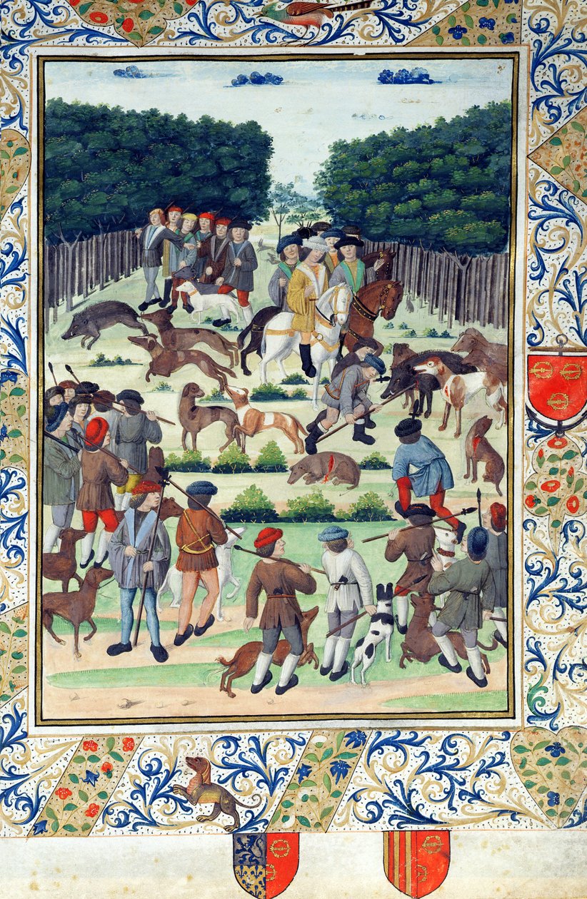 Louis Malet (1441-1516) Seigneur de Graville, jagt på vildsvin, fra Terrier de Marcoussis, efter 1493 af French School