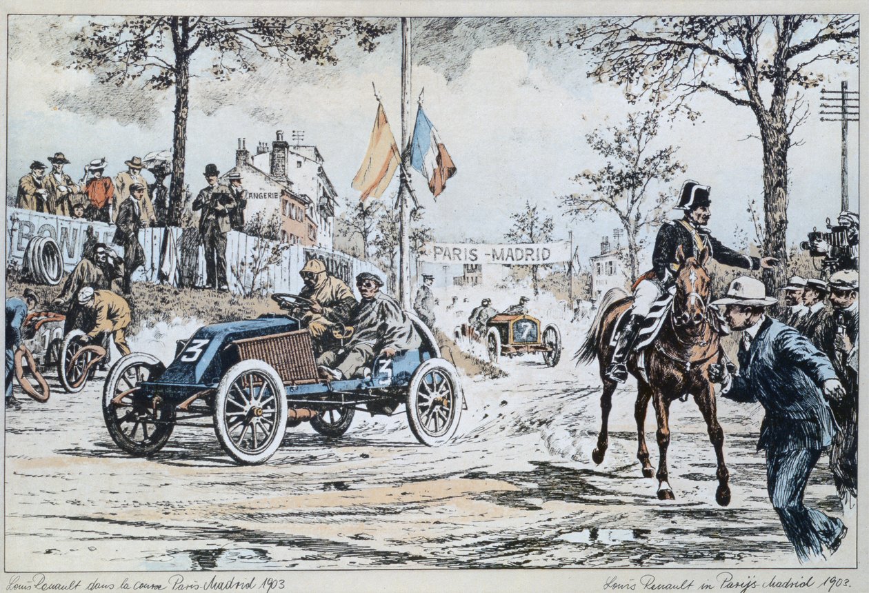 Louis Renault kører i Paris til Madrid-løbet i 1903, ca. 1903 af French School