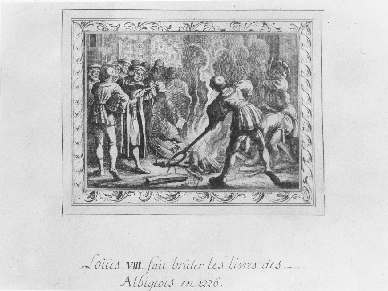 Ludvig VIII brænder de albigensiske bøger i 1226 (gravering) af French School