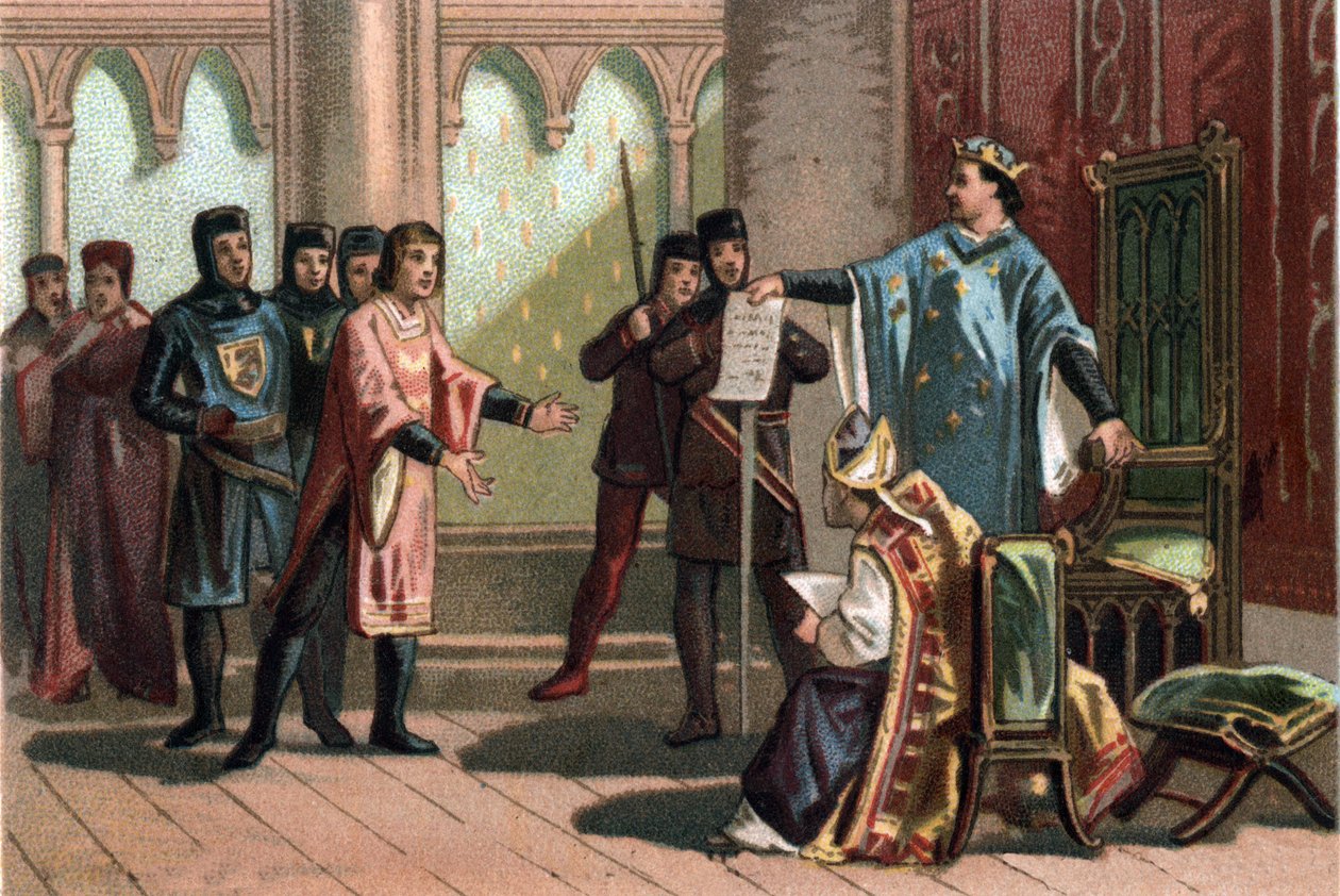 Louis VIII, kendt som "Løven" (1187 - 1226), det capetiske dynasti, svarede stolt og heftigt til en udsending fra kongen af England Henrik III. Kromolitografi omkring 1890. af French School