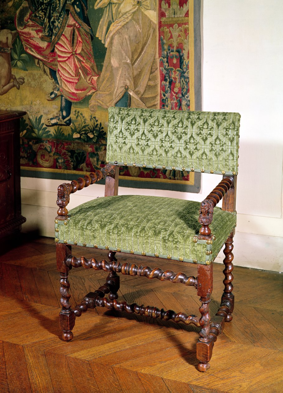 Louis XIII lænestol (træ og damask) af French School