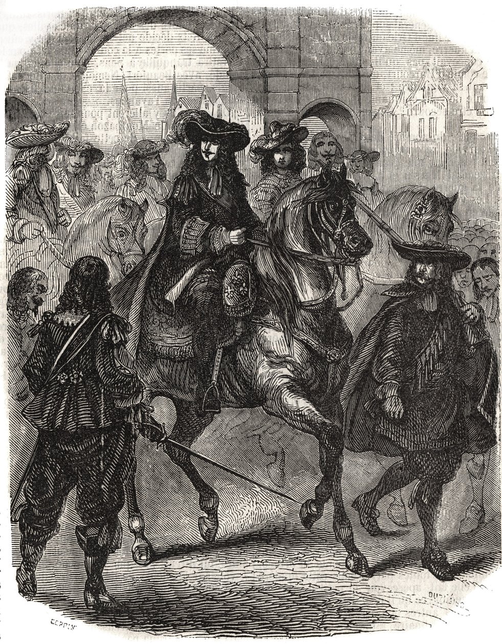 Ludvig XIV (1638-1715) og hans hustru Marie Therese (Marie-Therese) af Østrig (1638-1683) gik ind i Paris i 1660. Indgravering i "" Histoire de France"" af L.-P. Anguetil af French School