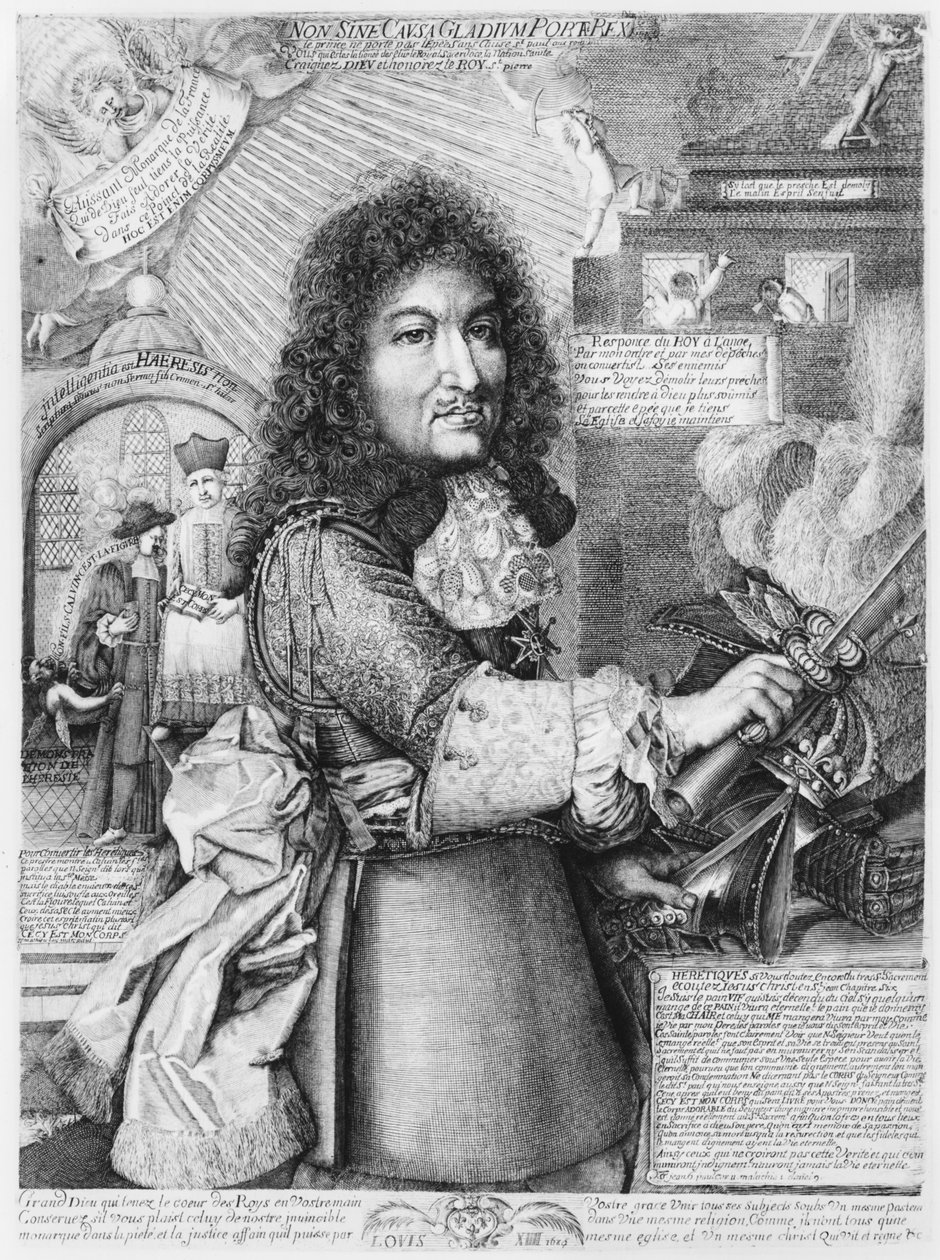 Ludvig XIV (1638-1715) knuste den såkaldte protestantiske reformerte religion med sit sværd, 1685 af French School