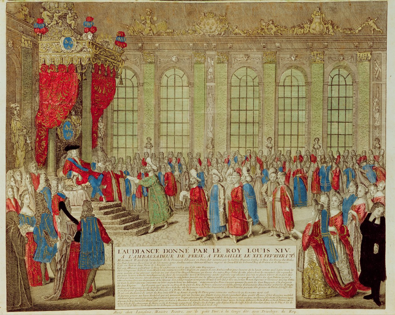 Ludvig XIV (1638-1715) modtog den persiske ambassadør Mohammed Reza Beg i Galerie des Glaces i Versailles, 19. februar 1715 af French School