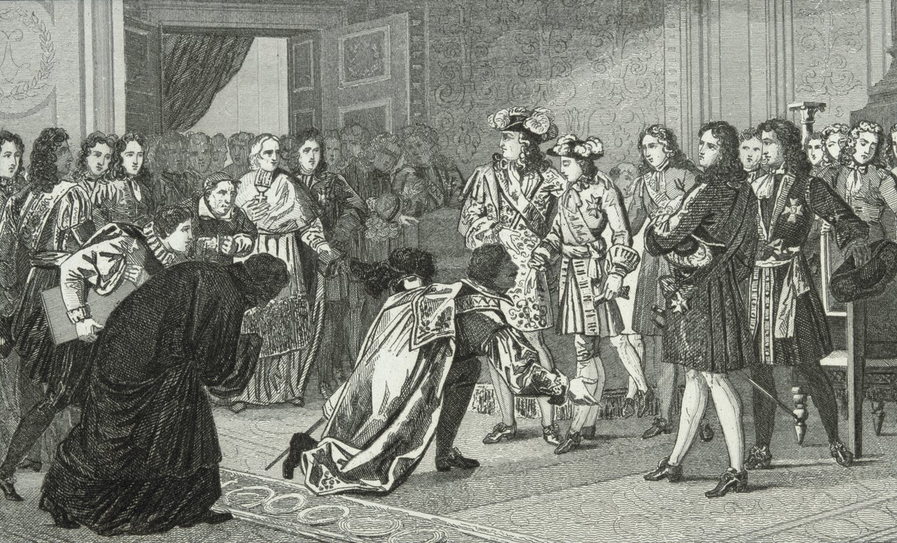 Solkongen Ludvig XIV (1638-1715) præsenterer sit barnebarn Philippe V (1683-1746) for de spanske udsendinge fra 