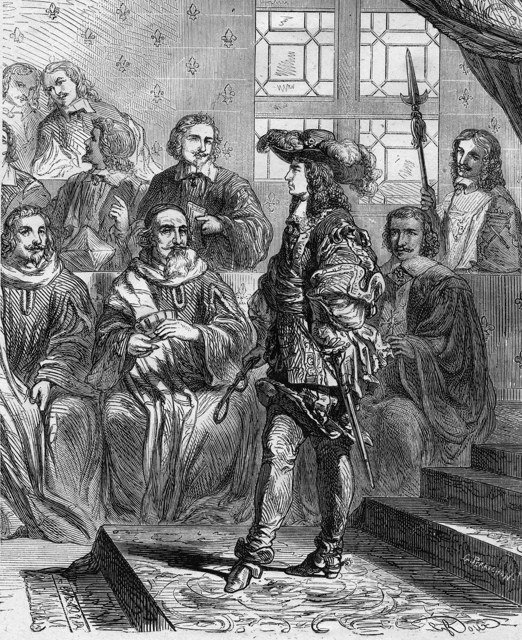 Ludvig XIV (1638 - 1715) var 17 år gammel i 1652 foran parlamentet og tvang præsidenten til at opløse forsamlingen. Indgravering i "" Histoire De France En Cent malerier af Paul Lehugeur "" 1891. af French School