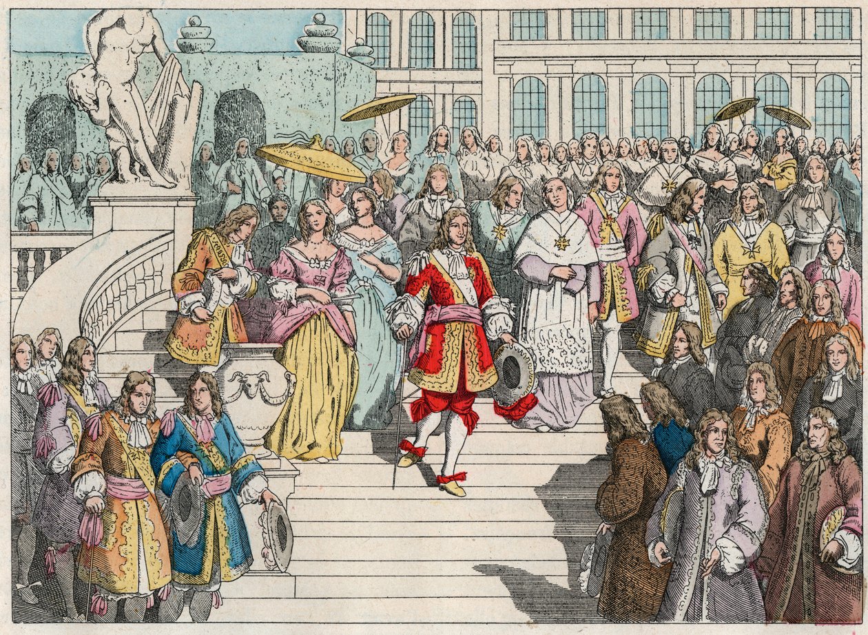 Ludvig XIV (Louis 14) og hans hof i Versailles - Ludvig XIV af Frankrig og hans hof i Versailles - Indgravering af slutningen af det 19. århundrede i "" Nos Gires Nationales - Images et recits"" af French School