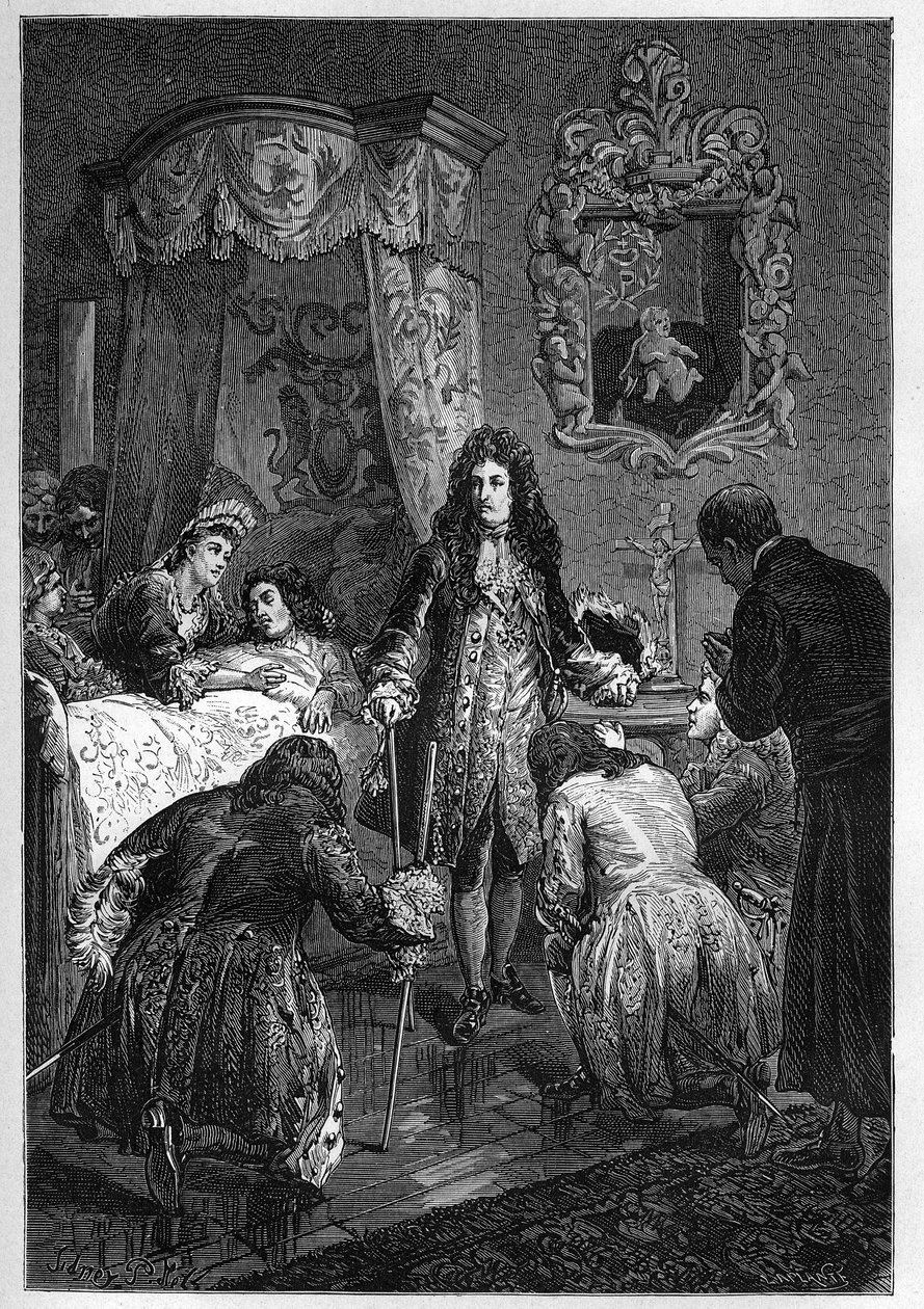 Ludvig XIV besøger Jakob II på sit dødsleje - Besøg af Frankrigs konge Ludvig XIV til Jakob II af England (James II Stuart) (1633-1701) døende - indgravering i "The History of England, from the most remote times" af Francois Guizot 1877 af French School