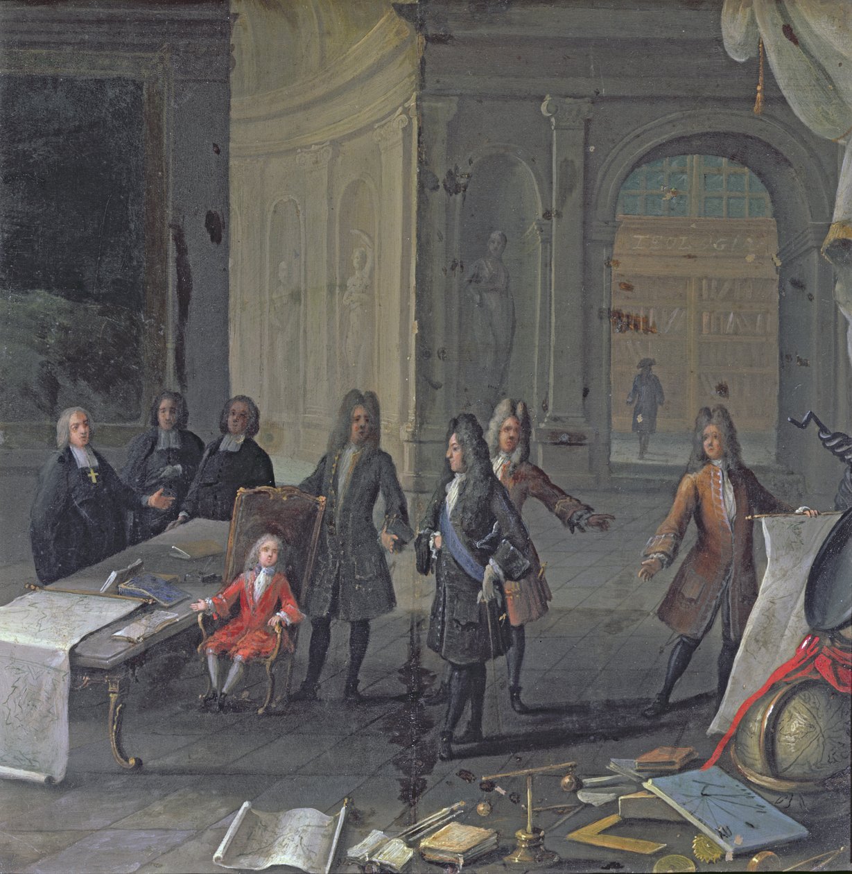 Ludvig XIV, der overværer en lektion af sit oldebarn, den fremtidige Ludvig XV, ca. 1715 af French School